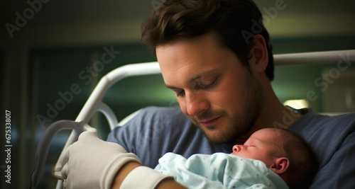 Hombre sosteniendo a su hijo o bebe recien nacido en el hospital