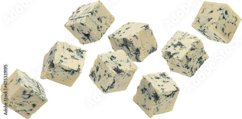 Falling blue cheese cubes isolated on white background