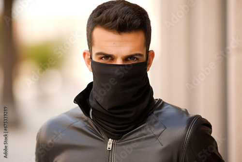 Hombre bandido atracador con bufanda antifaz negra 