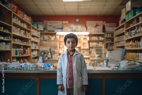 A indian boy pharmacist on the background of shelves with medicines