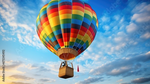 A vibrant, hyper-realistic stock image of a hot air balloon floating in a blue sky, surrounded by fluffy white clouds. The intricate patterns of the fabric envelope and wicker basket stand out. A pea