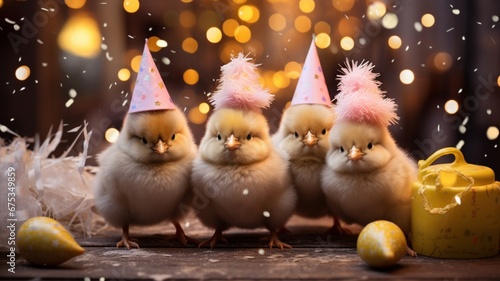 a group of young chicks wearing miniature New Year hats, their fluffy feathers ruffled by the wind, as they peck at festive treats, ushering in the joy of 2024.