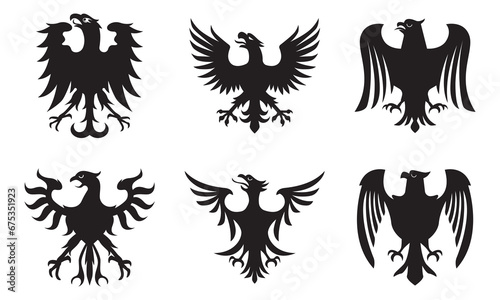 Collection of heraldic eagle logos. Ancient bird badge symbol silhouette