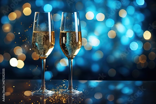 Kieliszki z szampanem na noworocznym tle. 