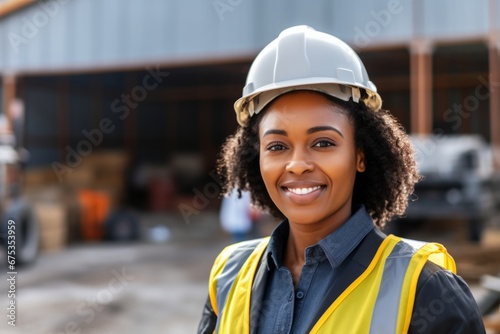 Happy african american woman in an engineer hard hat at a construction site. Work process, construction of a house