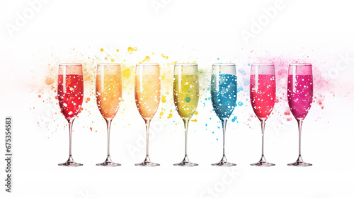 An exquisite watercolor painting illustrating champagne glasses filling with colored Sparkling drink on white canvas, evoking a sense of festivity and celebration