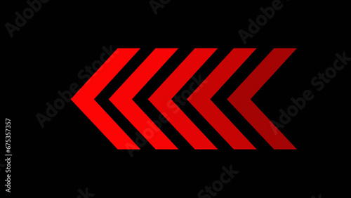 Red glowing left arrows. 4K silhouette arrows in red color isolated on black chroma key background. Seamless loop. Direction banner