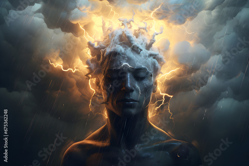 Head of a person surrounded by dark clouds and thunder depicting emotional distress, stress, or bodily pain