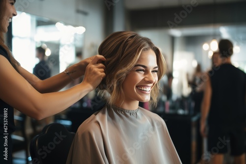 Young Woman Experiencing a Trendy Haircut in a Modern Salon