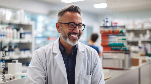 Portrait of smiling mature male pharmacist standing in pharmacy. AI Generative
