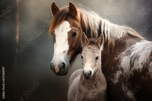 A small foal near its mother mare close-up on a blurred background
