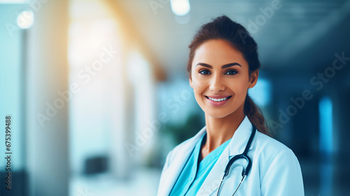 Smiling doctor standing in hospital background - ai generative
