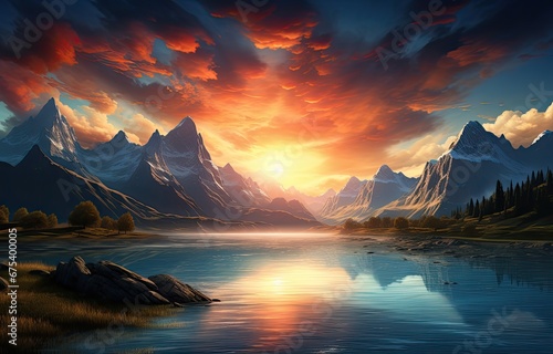 Spokojne jezioro w górach o zachodzie słońca. 