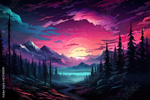 Kolorowa noc nad górskim lasem. 