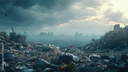 Polluted city with plastic waste. Environment pollution concept. Nature catastrophe. Garbage dump mountains. Urban background. Recycling toxic trash. Drone view global, warming. Messy stinky junkyard.