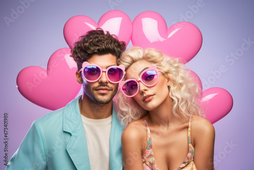 Gen Z fashion couple with trendy pink sunglasses, heart in the background, love and Valentine's day concept, fun pastel colors, hd
