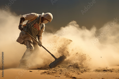 A man wearing a face mask is sweeping a dusty floor, the dust pan already half full and particles flying in the air