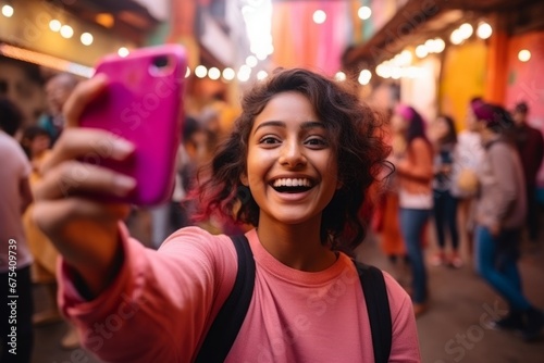 happy indian woman takes a selfie on a smartphone against the background of a people