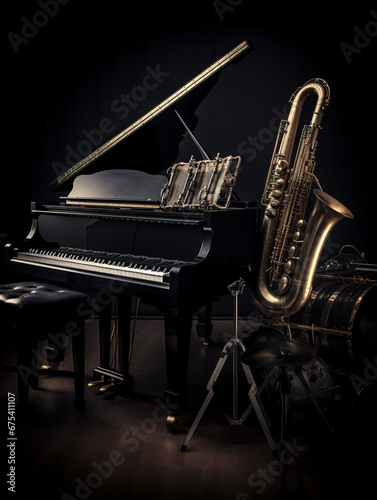 Mixture of abstract piano, saxophone and drums. Background image for music studio or jazz concert. AI generated
