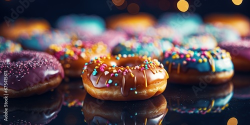 Colorful donuts seen close up on blurred background in bokeh style, Generative AI