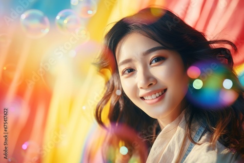 happy smiling asian woman on colorful background with rainbow soap balloon with gradient