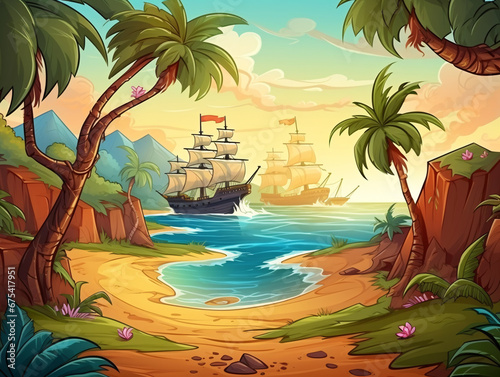 A pirate ship anchored off an island with lost treasure. Adventure sea expedition. AI digital art