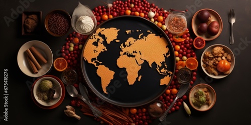 Table with a world map in the center and various foods around, concept of food from different countries, Generative AI