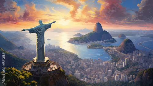 oil painting on canvas, view of Aerial of Christ and Sugar Loaf Mountain at sunset, Rio De Janeiro, Brazil.