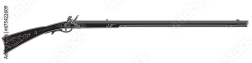 Illustration of Traditional American flintlock long rifle Frontier. Black. Right side.