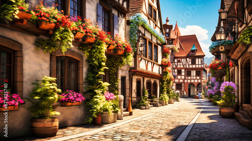 A quaint cobblestone street in a historic town, lined with charming old buildings and flowering window boxes.