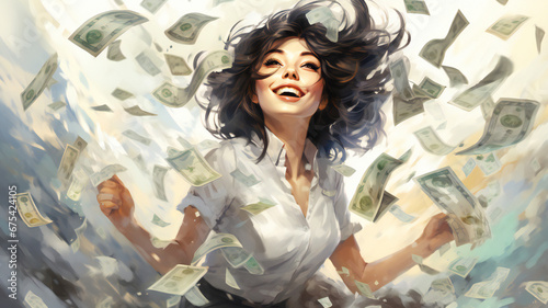 Winning a lottery, successful concept. Smiling young woman, happy expression, mouth open of excitement. money banknotes flying in air around. watercolour style