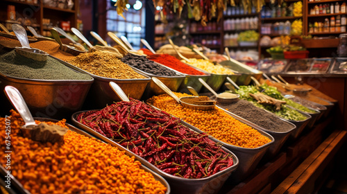 bazaar in istanbul with a wide view of spices on the counter. ai generative