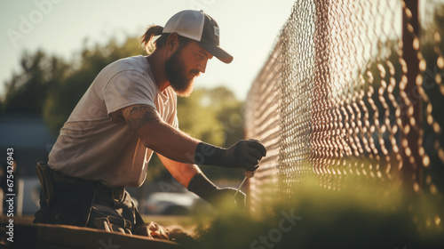 a worker installs a mesh fence on a plot of land. ai generative