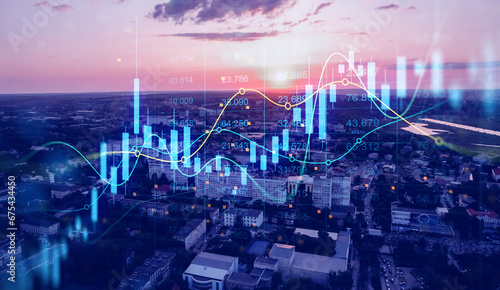 Trade technology, and investment analysis.Business development, financial plan and strategy.Analysis finance graph and market chart investment. Big data chart on city backdrop.