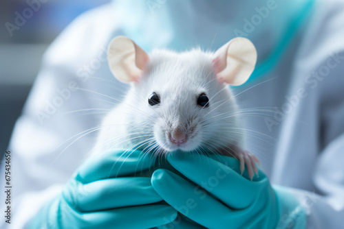 Portrait of a white laboratory rat in the hands of a scientist in blue rubber gloves. healthcare, medicine concept.