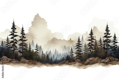 sunrise in the forest. Canadian Rocky Mountains. Gloomy silhouette of forest thickets, transparent background, isolated white background