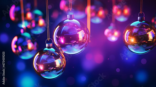 3D rendering of glass christmas baubles against a purple background. Christmas ornaments on a Christmas tree with bokeh neon pink and blue lights.