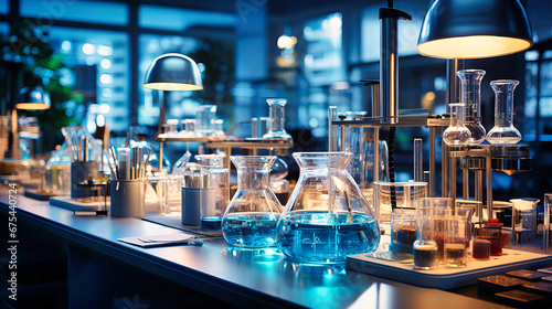 High-quality imagery of a laboratory setup with various chemical solutions