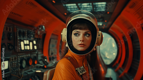 A beautiful woman in a retro vintage sci-fi movie in a space station