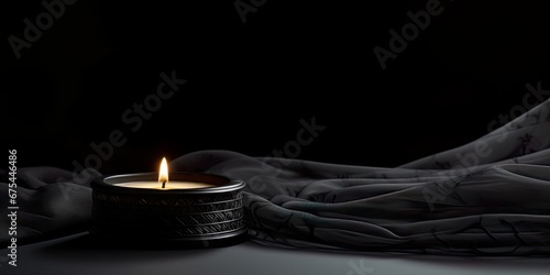 Condolence, grieving card, loss, remembrance. Candle on a dark table burning, symbole of mourning of a loved one. Black net fabric and dark background. Card for words of support and comfort. 