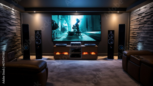 photograph of a home theatre system in a modern, finished, concrete basement, two tall bowers and wilkins speakers on either side of a 88 inch OLED TV, modern sleek entertainment center 
