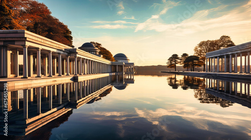 Tranquil reflections of classical pavilions on still waters, symbolizing architectural peace