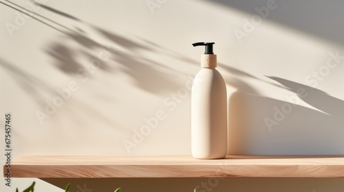 shampoo bottle item photography, standing on a white cylinder, podium stage, light beige background, beautiful lighting and shadow from the window, a flat front shot, wood, minimalist style