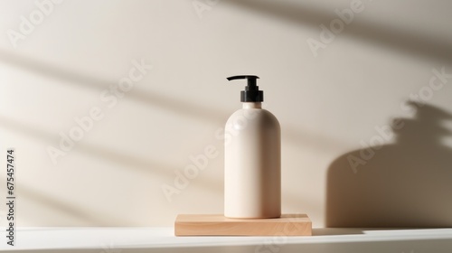 shampoo bottle item photography, standing on a white cylinder, podium stage, light beige background, beautiful lighting and shadow from the window, a flat front shot, wood, minimalist style