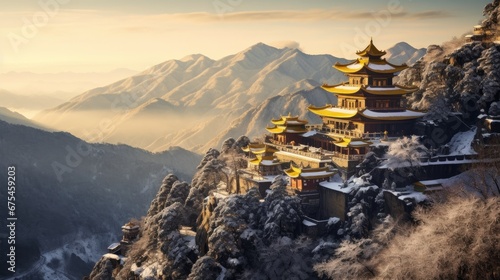 The xiayuan temple on a mountain top is in the winter, in the style of dark yellow and light gold, hindu art and architecture