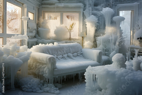 Interior of the frozen living room with furniture covered with ice. Extremely low temperature in apartment in winter season. Rising heating costs due to energy crisis