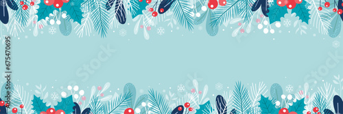 Winter horizontal banner background with fir branches, berries, leaves and snowflakes for the holiday Christmas and New Year in blue and blue colors. Flat style. Vector illustration.