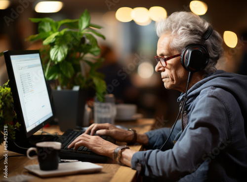 A Portrait of elderly woman working on her laptop. Seniors people and technology concept. Older woman in headphones and glasses works online in a cafe use laptop.