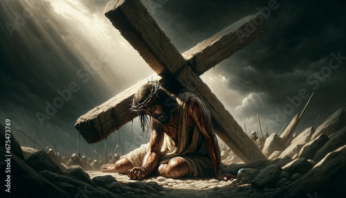 The Stations of the Cross: During his Passion, Jesus Christ Collapses from Exhaustion under the Weight of the Cross for the first time, enduring Suffering, Torment, and eventual Crucifixion.