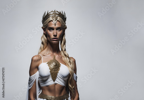 Blonde woman in ancient greek attire as Athena